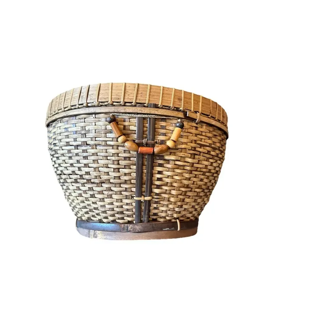 Round Vintage Southeast Asian Handwoven Bamboo Basket 12” X 7” With Handles
